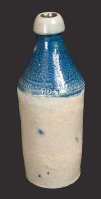 Stoneware Bottle with Bright Blue-Dipped Top Dated 1875