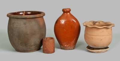 Lot of Four: Redware incl. Glazed Flask, Small Vessel, Flowerpot and Jar
