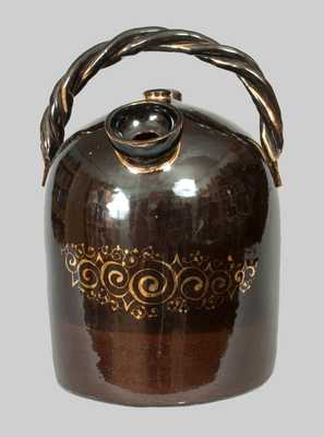 Unusual Stoneware Harvest Jug with Rope Handle and Gilded Design and