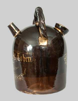 Unusual Stoneware Harvest Jug with Rope Handle and Gilded Design and
