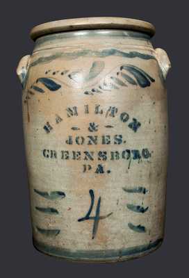 4 Gal. HAMILTON & JONES / GREENSBORO, PA Stoneware Crock with Freehand Decoration
