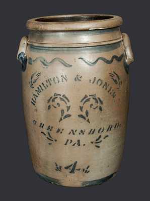 4 Gal. HAMILTON & JONES / GREENSBORO, PA Stoneware Crock with Stenciled Decoration