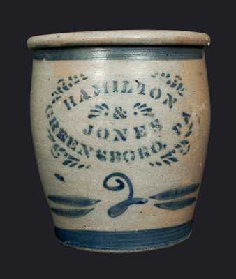 2 Gal. HAMILTON & JONES / GREENSBORO, PA Stoneware Cream Jar with Stenciled Decoration