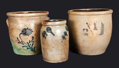 Lot of Three: Stoneware Jars incl. Quart-Sized PA Jar, Slip-Trailed NY Floral Cream Jar, and 1 1/2 Gal. Cream Jar