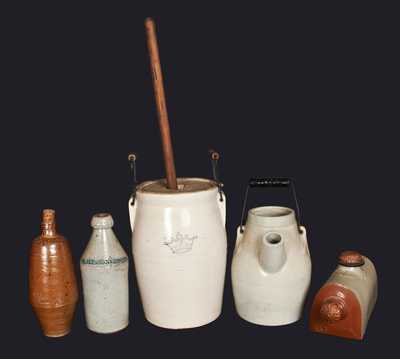 Lot of Five: Two Stoneware Bottles, Stoneware Churn, Stoneware Batter Pail and Stoneware Bedwarmer