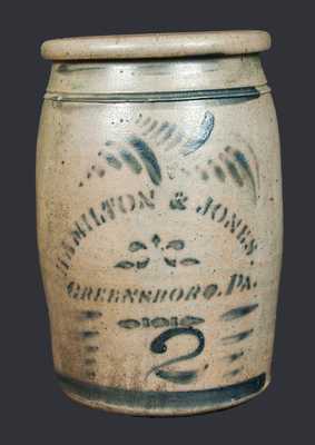 2 Gal. HAMILTON & JONES / GREENSBORO, PA Stoneware Crock with Cobalt Vine Decoration
