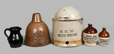 Lot of Five: Stoneware Articles incl. Unusual Strainer, Motto Jugs, Chick Waterer and Miniature Pitcher