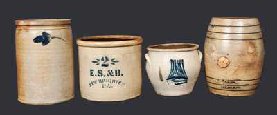 Lot of Four: Stoneware Vessels incl. Keg, E. S. & B. Crock, Baltimore Crock, NJ Crock