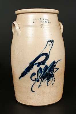 E & L P NORTON / BENNINGTON VT Stoneware Churn with Cobalt Bird Decoration, Five-Gallon.