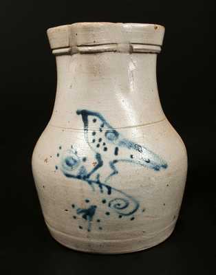 New York State Stoneware Pitcher with Cobalt Bird Decoration, One-Gallon.