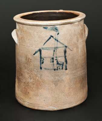 Scarce Midwestern Stoneware Crock with Cobalt House Decoration