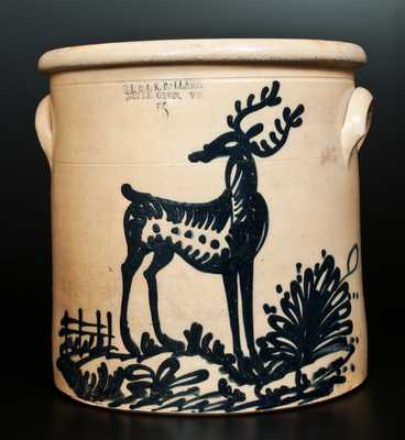 O.L. & A.K. BALLARD / BURLINGTON, VT 5 Gal. Stoneware Crock with Very Large Standing Deer Decoration
