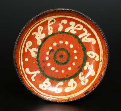 Exceptional Redware Plate w/ Yellow-Slip Alphabet and Yellow and Green Design, Berks County, PA
