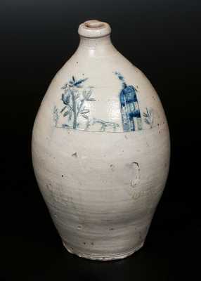 Very Unusual Ovoid Stoneware Jug with Incised House, Man, Horse and Tree Scene