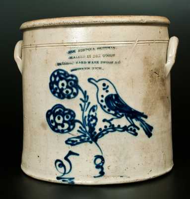 Extremely Rare BROOKLYN, MICHIGAN Stoneware Advertising Bird Crock by S. Hart, Fulton, NY