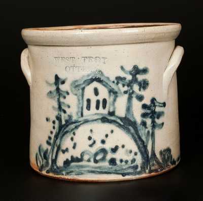 Rare 1/2 Gal. WEST TROY POTTERY Stoneware Crock with House Scene