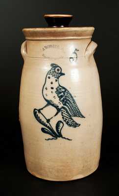 J. BURGER JR. / ROCHESTER. N.Y. Stoneware Churn with Cobalt Quail Decoration, Five-Gallon