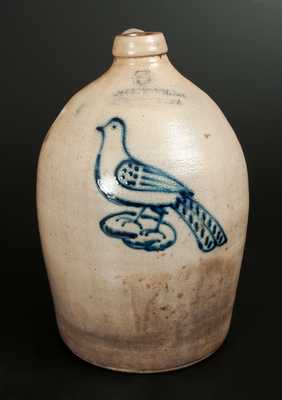 Very Fine 3 Gal. COWDEN & WILCOX Stoneware Jug with Slip-Trailed Bird Decoration