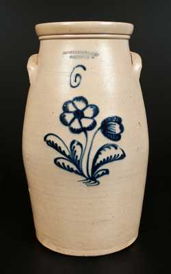 Rare BURGER BROS & CO. / ROCHESTER Stoneware Churn with Cobalt Floral Decoration, Six-Gallon