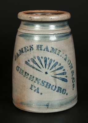 JAMES HAMILTON / GREENSBORO, PA Stoneware Canning Jar with Stenciled Fan Decoration
