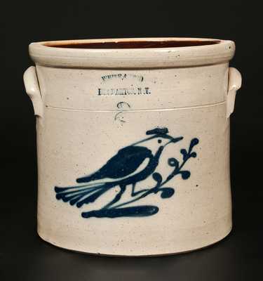 Rare 2 Gal. WHITE & WOOD / BINGHAMTON, NY Stoneware Crock with Bird Decoration