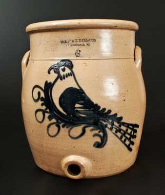 Unusual 6 Gal. O.L. & AK BALLARD / BURLINGTON, VT Stoneware Water Cooler with Bird Decoration