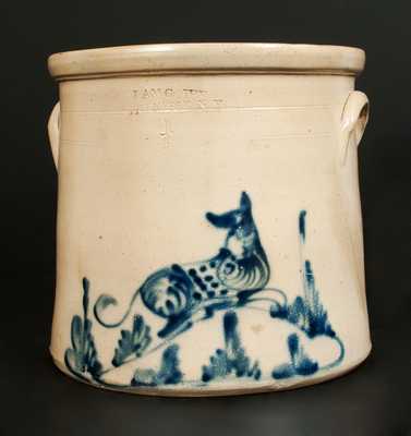 4 Gal. ADAM CAIRE / PO'KEEPSIE, NY Stoneware Crock with Reclining Dog Decoration