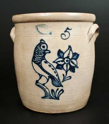 5 Gal. J. BURGER, JR. / ROCHESTER, NY Stoneware Crock with Detailed Bird and Floral Decoration