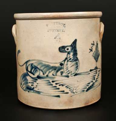 4 Gal. WEST TROY POTTERY Stoneware Crock with Reclining Dog Decoration