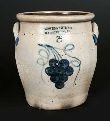 3 Gal. COWDEN & WILCOX / HARRISBURG, PA Stoneware Crock with Grapes Decoration