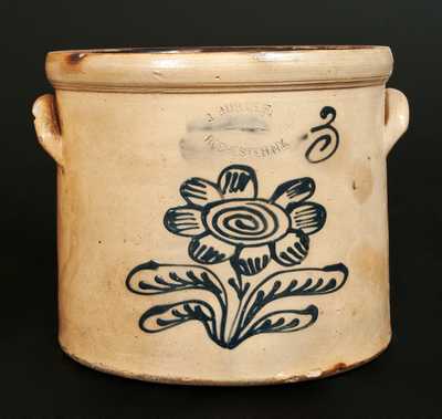 3 Gal. J. BURGER / ROCHESTER, NY Stoneware Crock with Slip-Trailed Floral Decoration