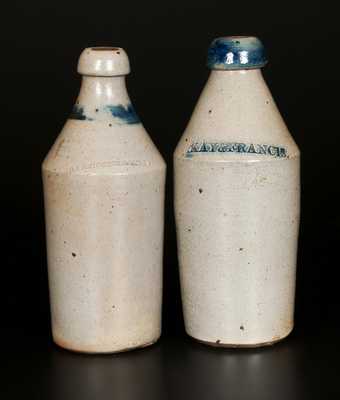 Lot of Two: Stoneware Bottles with Impressed Advertising and Cobalt Bands