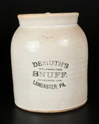 DEMUTH'S CELEBRATED SNUFF / LANCASTER, PA Stoneware Snuff Jar
