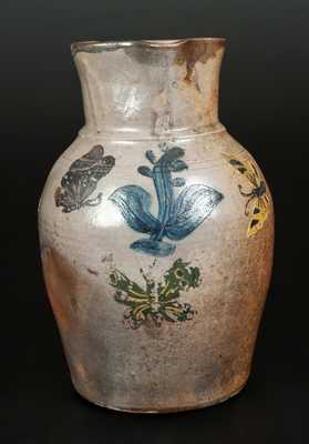1 Gal. Stoneware Pitcher with Brushed Floral Decoration and Striped Handle, Midwestern, c1850