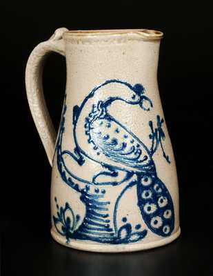 R. & B. DIEBBOLL / WASHINGTON, MI Late 20th Century Norton-Style Peacock Stoneware Pitcher