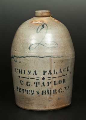 2 Gal. CHINA PALACE / C.G. TAYLOR / PETERSBURG, VA Stoneware Advertising Jug