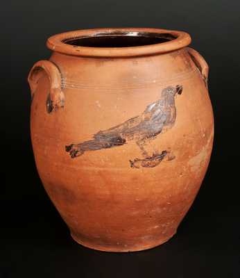 Ovoid 3 Gal. Ovoid Redware Jar with Incised Fish and Incised Bird Decoration