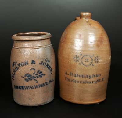 Lot of Two: A.P. DONAGHHO / PARKERSBURG, W.V. Jug, HAMILTON & JONES / GREENSBORO, PA Crock