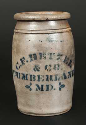 Scarce C.F. HETZEL & CO. / CUMBERLAND, MD 1/2 Gal. Stoneware Advertising Jar