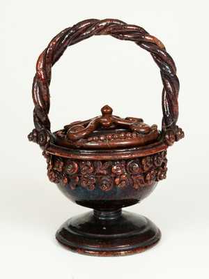 Manganese-Glazed Redware Basket with Rope Handle and Lid, Possibly French, 19th Century