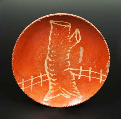 Very Rare Slip-Decorated Redware Plate with Stump and Fence Motif