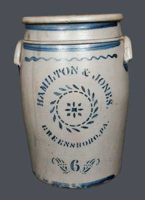 6 Gal. HAMILTON & JONES / GREENSBORO, PA Stoneware Crock with Stenciled Decoration