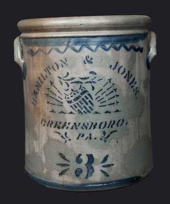 3 Gal. HAMILTON & JONES / GREENSBORO, PA Stoneware Crock with Stenciled Patriotic Shield Decoration