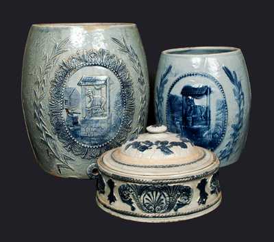 Lot of Three: Molded Stoneware incl. Unusual Cake Crock and Two Water Coolers with Well Scene