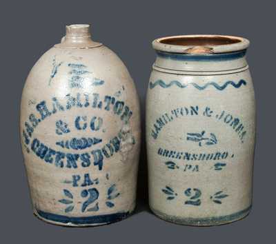 Lot of Two: JAS. HAMILTON & CO. / GREENSBORO, PA Jug and HAMILTON & JONES Stoneware Jar