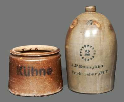 Lot of Two: A. P. DONAGHHO / PARKERSBURG, WV Stoneware Jug with Stoneware Jar Stenciled Kühne