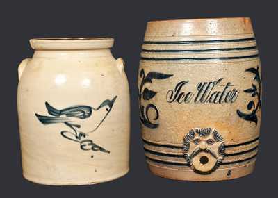 Lot of Two: Stoneware "Ice Water" Cooler, Haddonfield, NJ, and Stoneware Bird Crock, Fulper