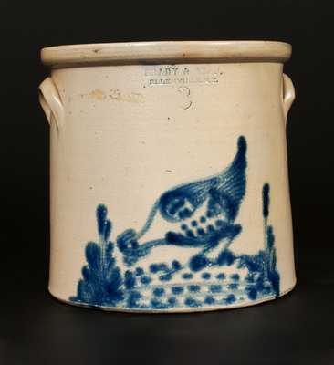 BRADY & RYAN / ELLENVILLE, N.Y. Stoneware Crock with Cobalt Chicken Pecking Corn Decoration