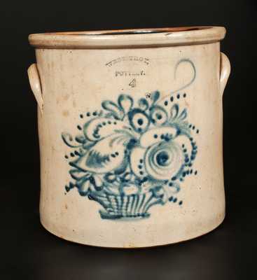 WEST TROY POTTERY Stoneware Crock with Cobalt Flower Basket Decoration.