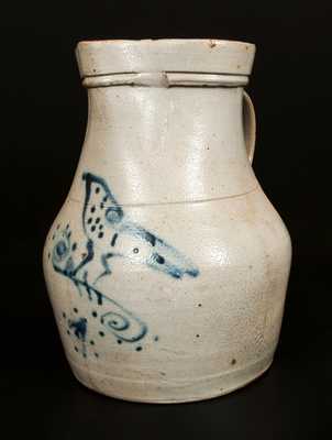 New York State Stoneware Pitcher with Cobalt Bird Decoration, One-Gallon.